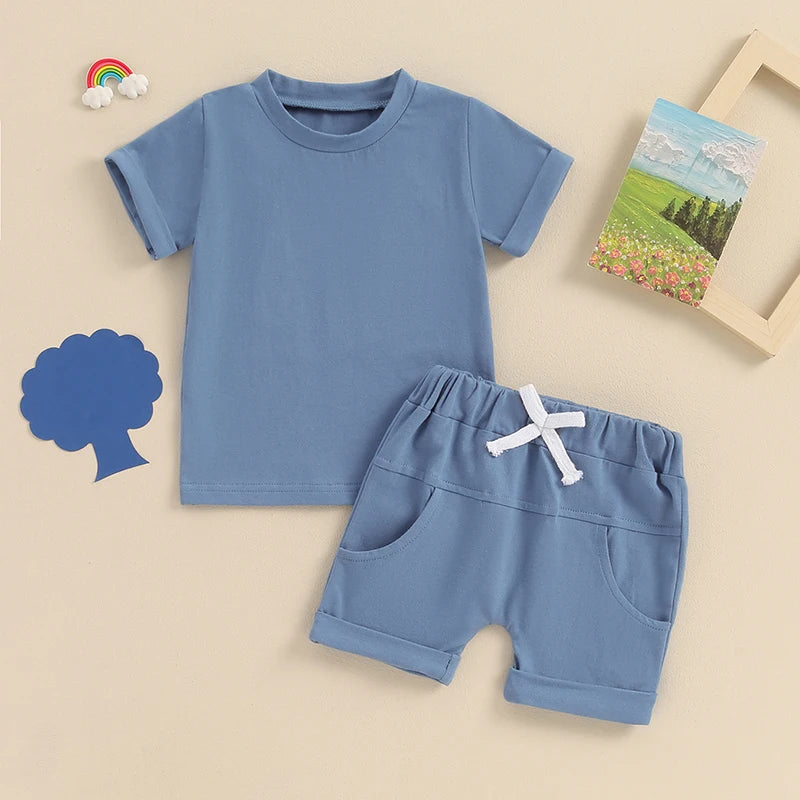 Baby Toddler Boys 2Pcs Summer Outfits Solid Color Rolled Hem Short Sleeve Top Elastic Waist Shorts Clothes Set