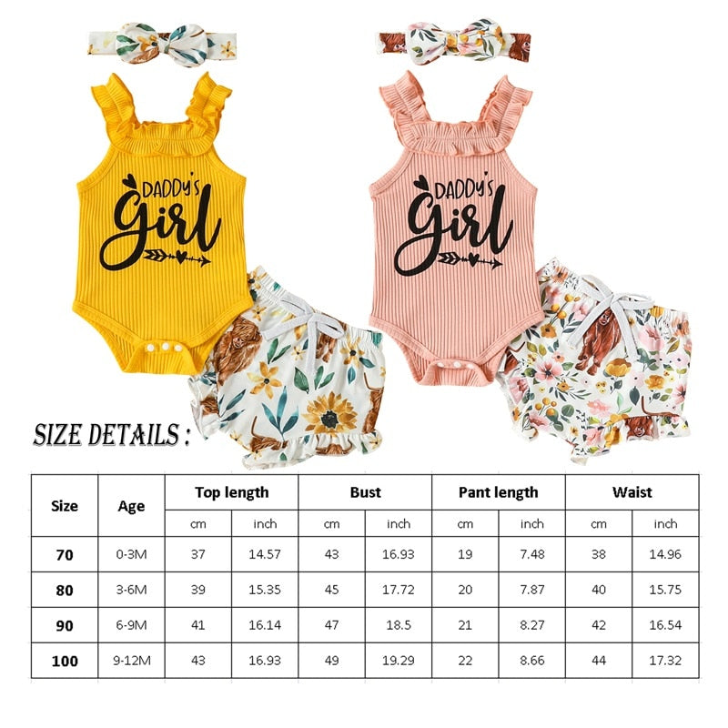 Infant Baby Girl 3Pcs Outfits Tank Top Daddys Little Girl Romper Cow Floral Print Shorts and Headband