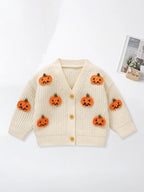 Baby Toddler Boys Girls Knit Cardigan Cute Halloween Pumpkin Embroidery Fall V Neck Long Sleeve Button Up Sweater Top
