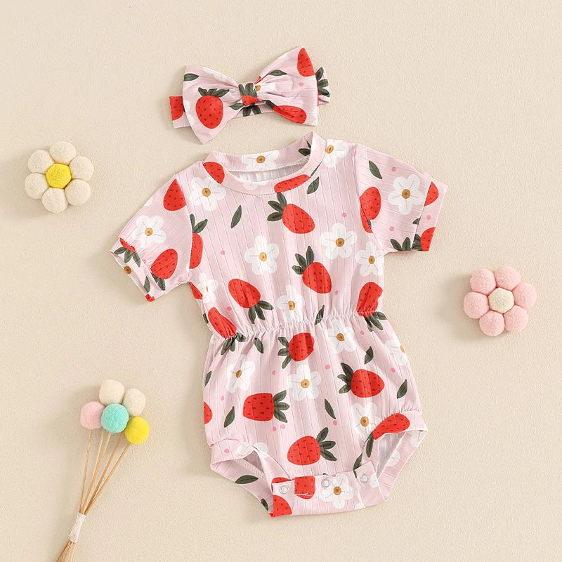 Baby Girls 2Pcs Casual Romper Short Sleeve O Neck Floral Flowers Strawberries Print Romper with Headband Set