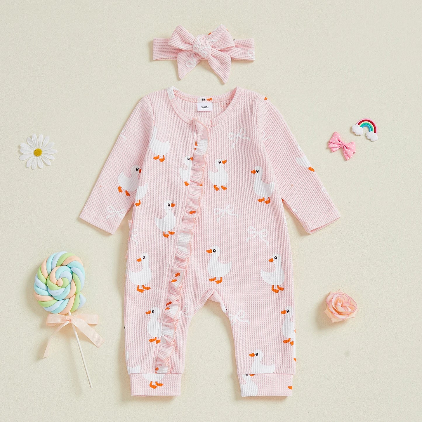 Baby Girls 2Pcs Fall Waffled Zipper Romper Bow Goose Animal Print Long Sleeve Round Neck Zip Up Jumpsuit with Headband Set