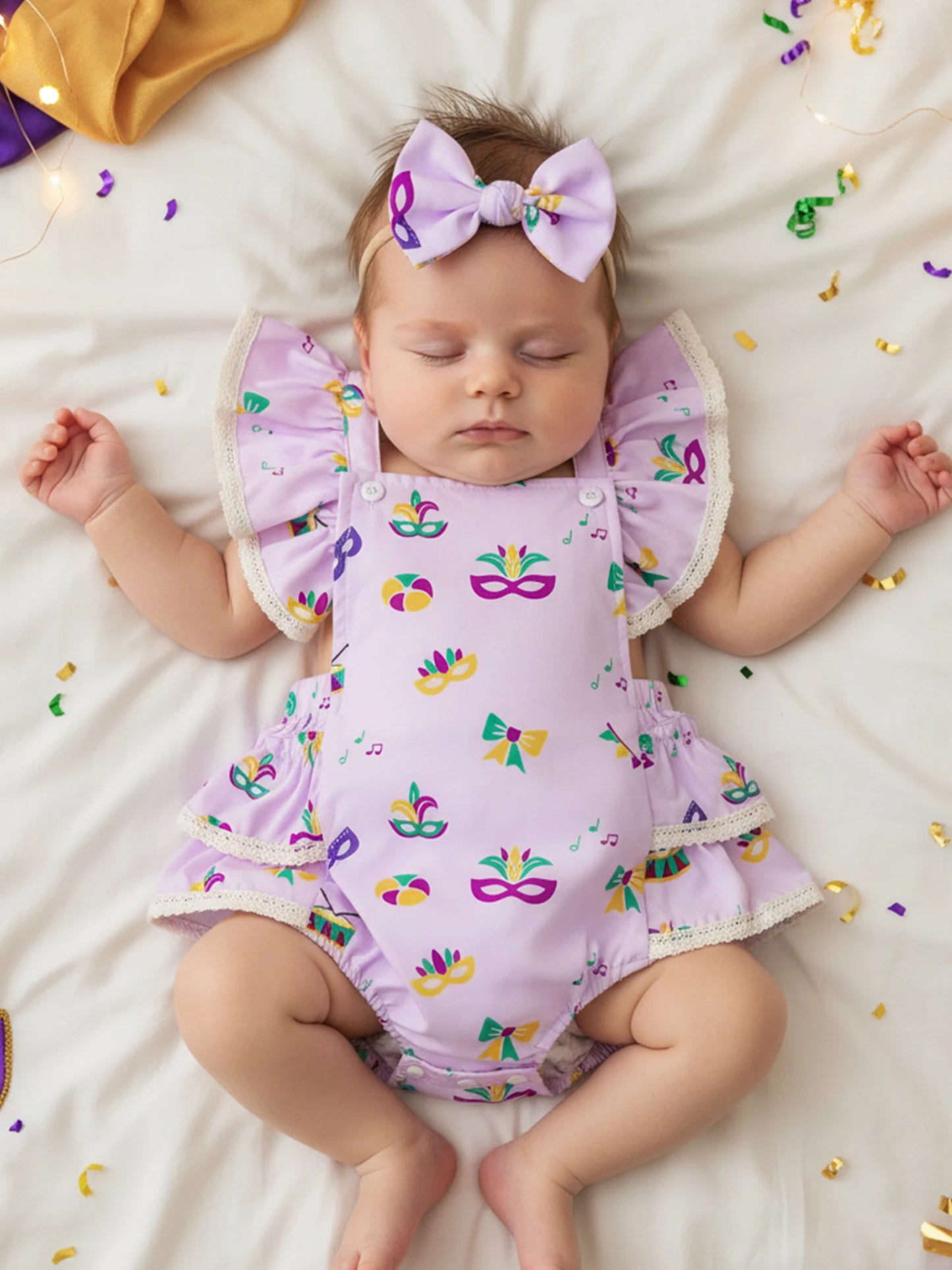 Baby Girl 2Pcs MardiGras Outfit Ruffled Trim Flying Sleeve Romper and Bow Headband Set