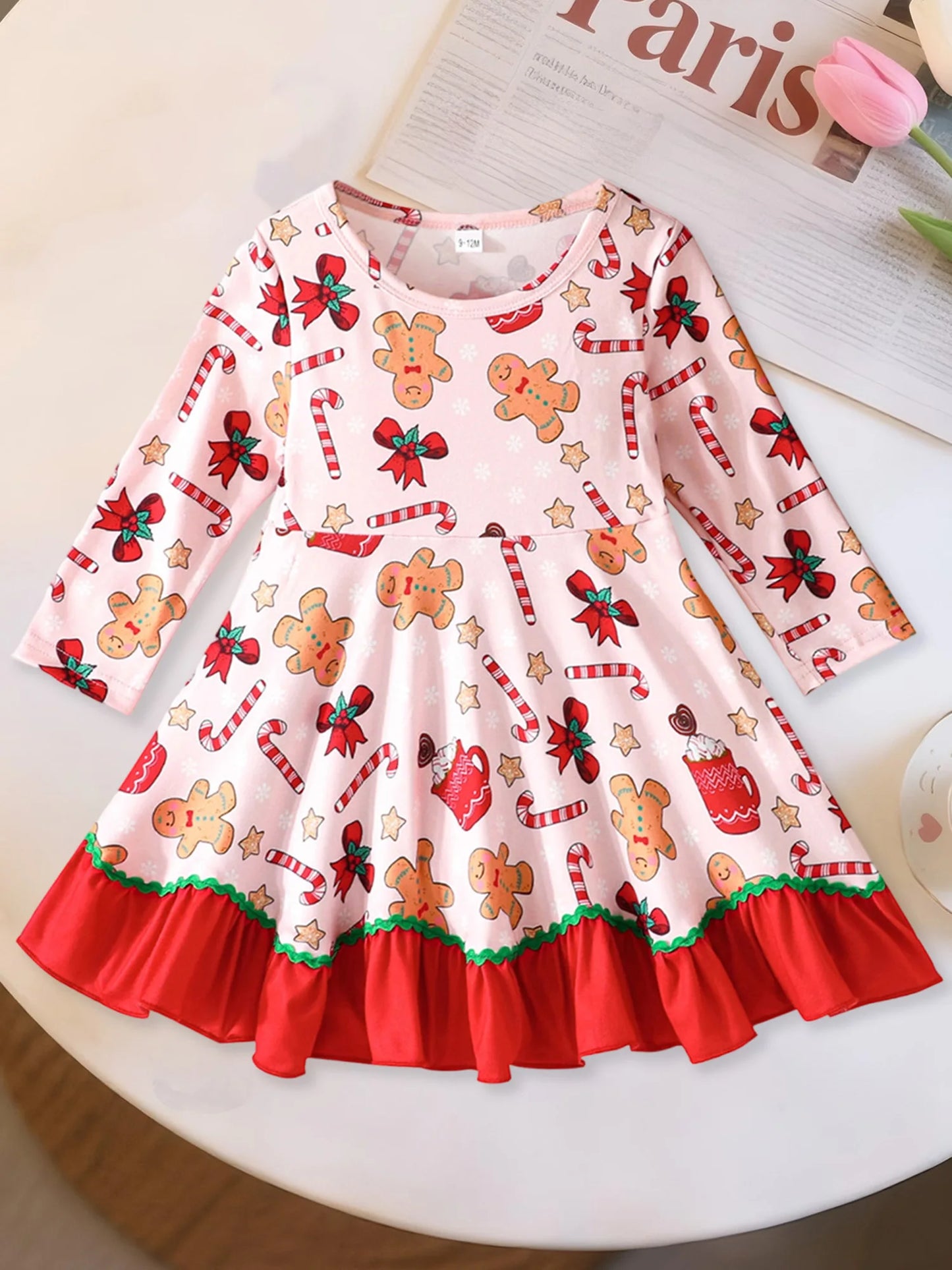 Baby Toddler Girl Christmas Dress Long Sleeve Crew Neck Gingerbread Man Cane Candy Print Dress