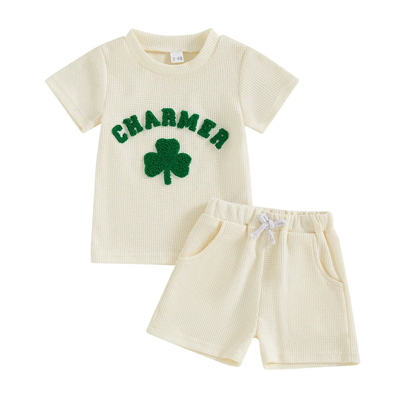 Baby Toddler Boys Girls 2Pcs St. Patrick's Day Clover Charmer Waffle Short Sleeve Shirt Top Spring and Shorts Set Clothes