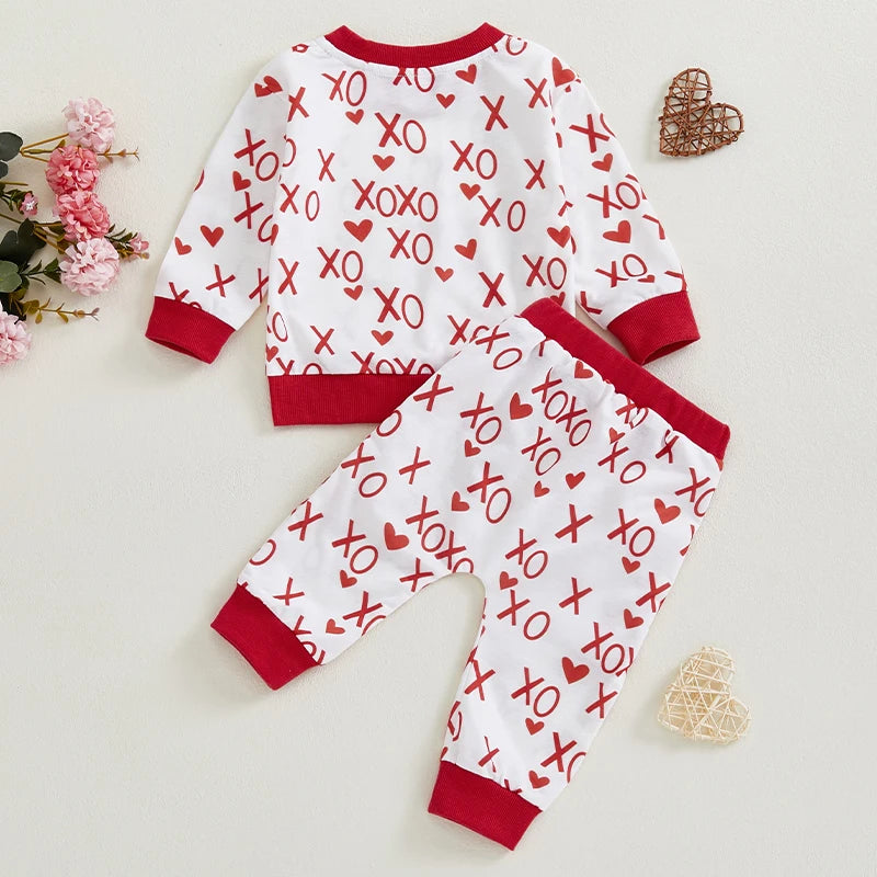 Baby Toddler Boys Girls 2Pcs Valentine's Day Outfit Heart Letter XOXO Love Long Sleeve Crewneck Top and Elastic Pants Valentines Jogger Set