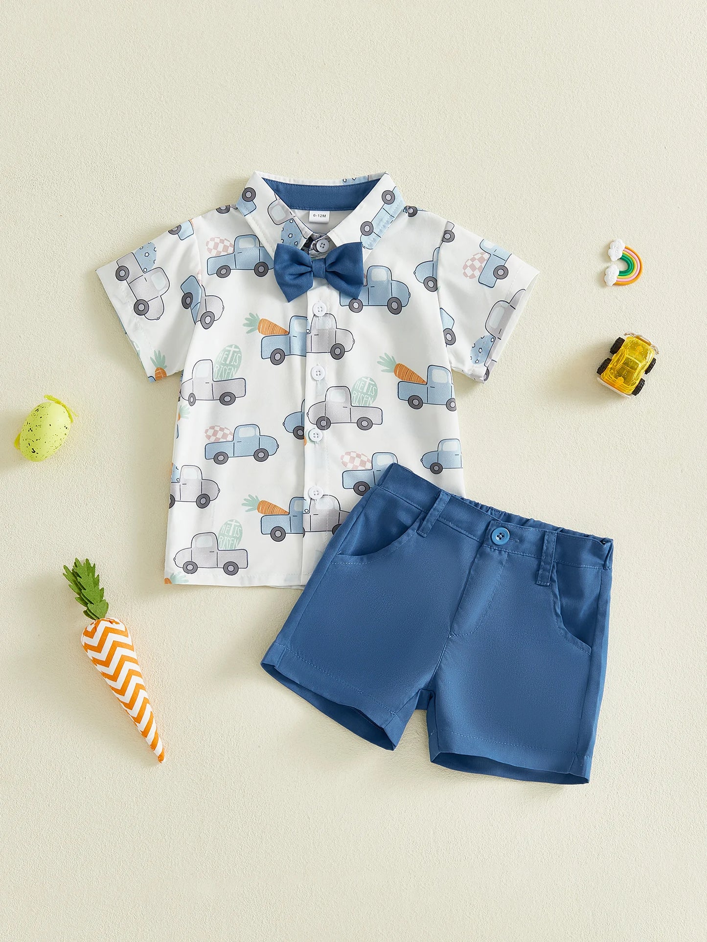 Baby Toddlers Boys 2Pcs Easter Outfit Short Sleeve Car Print Button-down Shirt with Elastic Waist Shorts Set