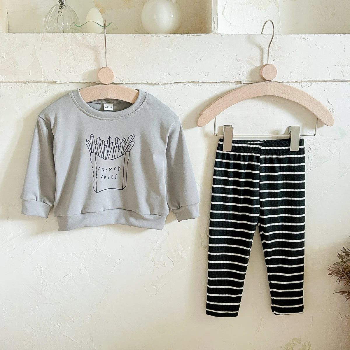 Baby Toddler Boys 2Pcs Outfit French Fries Print Crewneck Top + Striped Pants Set