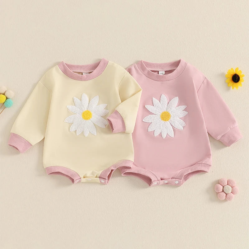 Baby Girls Bubble Romper Long Sleeve Crew Neck Embroidery Flower Jumpsuit Spring