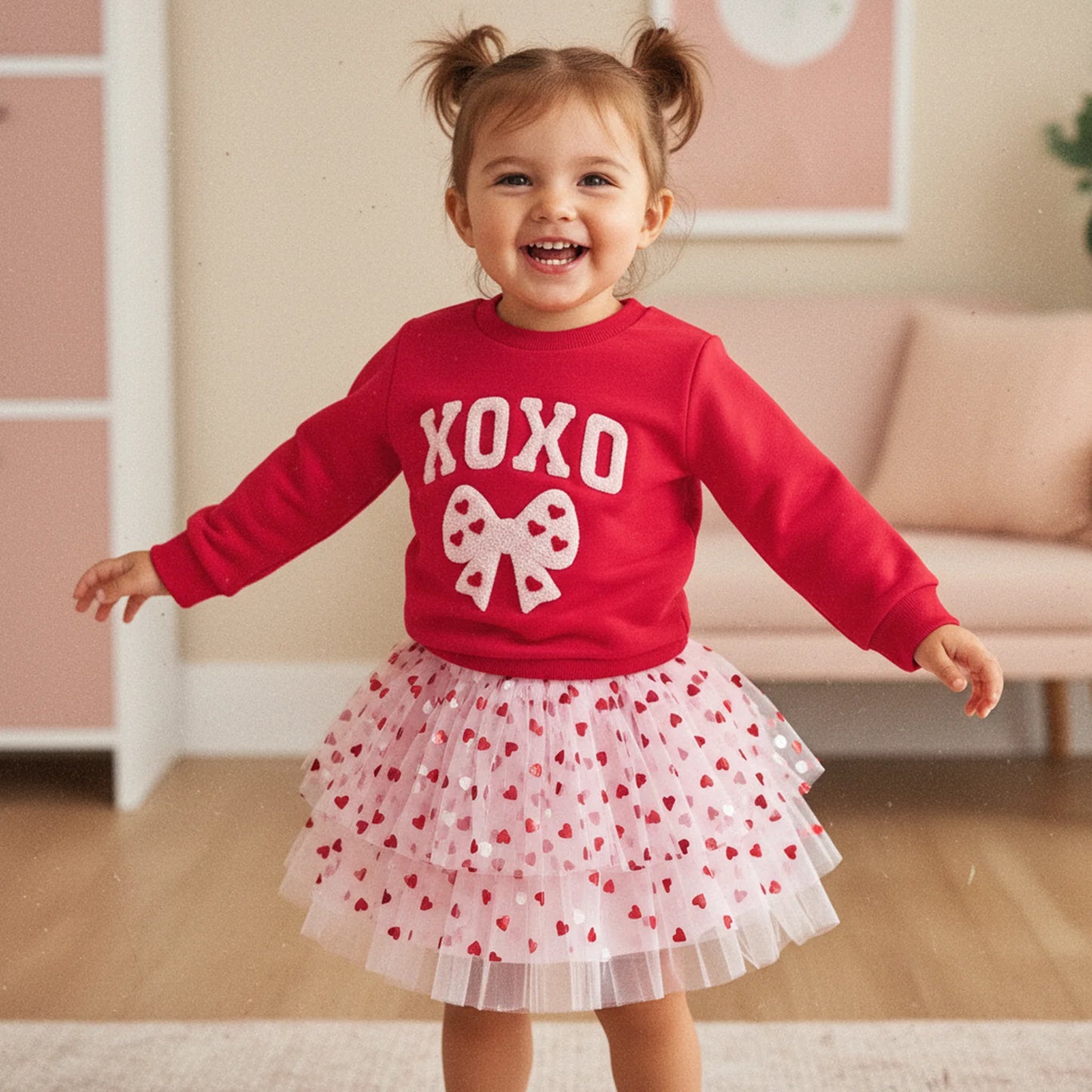 Baby Toddler Girls 2 Pcs XOXO Outfits Bow Letter Embroidery Long Sleeve Crew Neck Top and Heart Patterned Elastic Waist Tulle Tutu Skirt Set