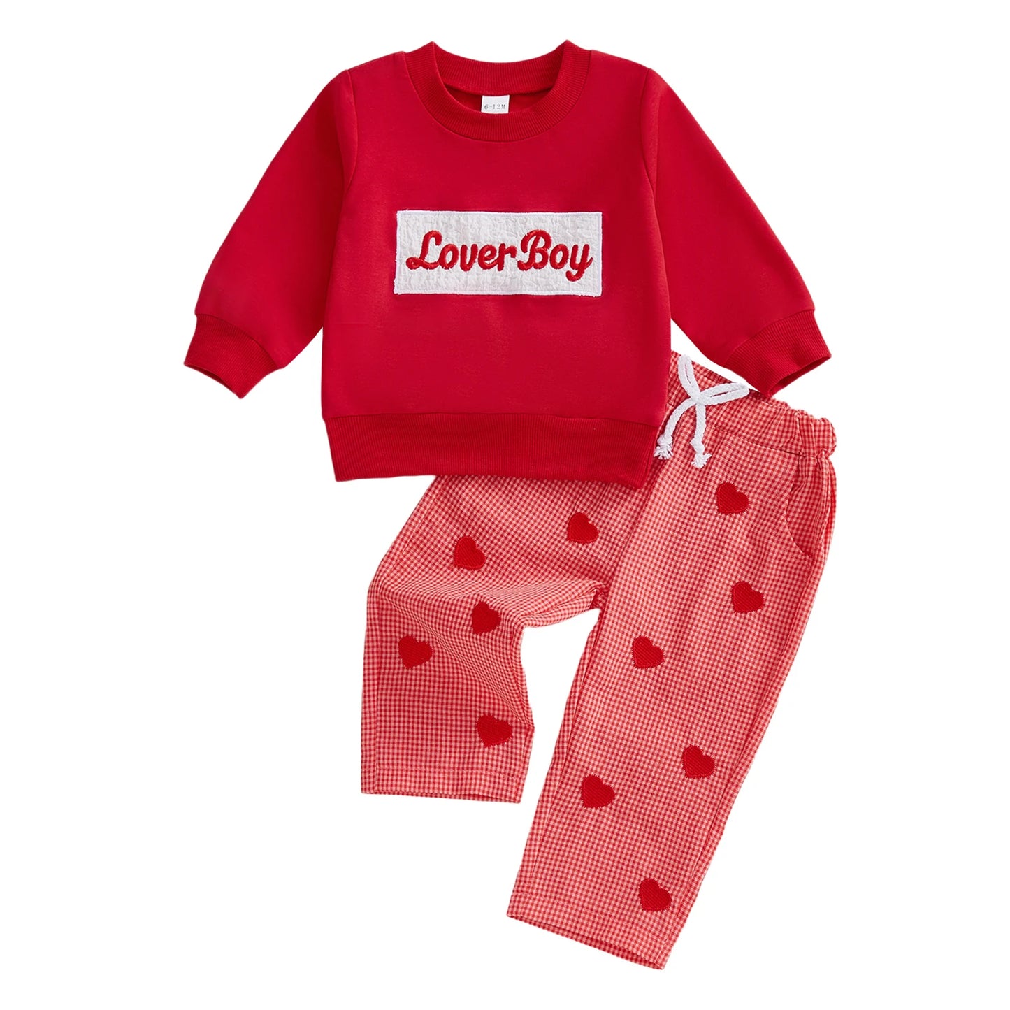 Baby Toddler Boys 2Pcs Lover Boy Valentine's Day Outfit Fashionable Long Sleeve Letters Embroidery Pullover with Plaid Heart Print Pants 2Pcs Clothing Set