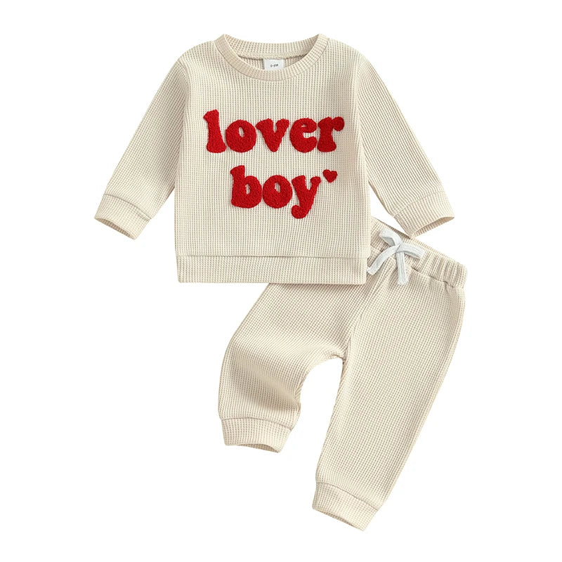 Baby Toddler Boys 2Pcs Lover Boy Valentine's Day Outfit Letter Embroidery Ribbed Long Sleeve Crew Neck Top with Drawstring Jogger Pants Valentines Set