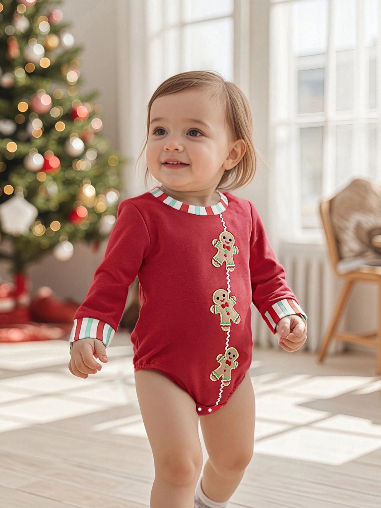 Baby Boys Girls Christmas Gingerbread Embroidery Romper Long Sleeve Crew Neck Bubble Infant Jumpsuit