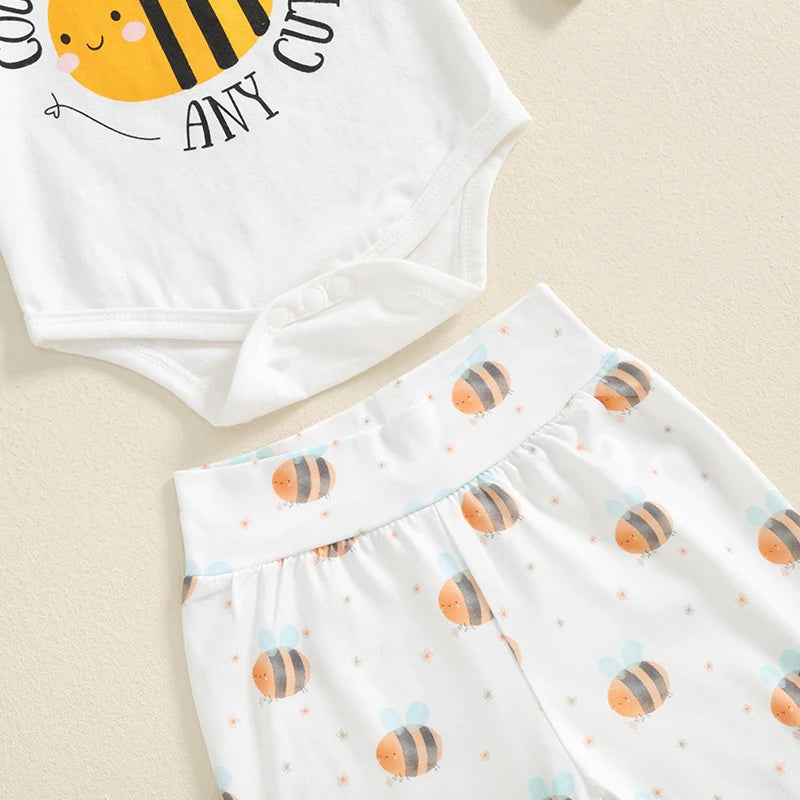 Baby Boys Girls 4Pcs Clothing Set Could I Bee Any Cuter Print Long Sleeve Romper with Pants Headband Hat Outfit