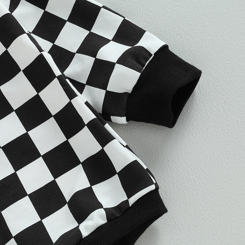 Baby Boy Girl Fall Sweatshirt Bodysuit Checkerboard Print Long Sleeve Jumpsuit Romper