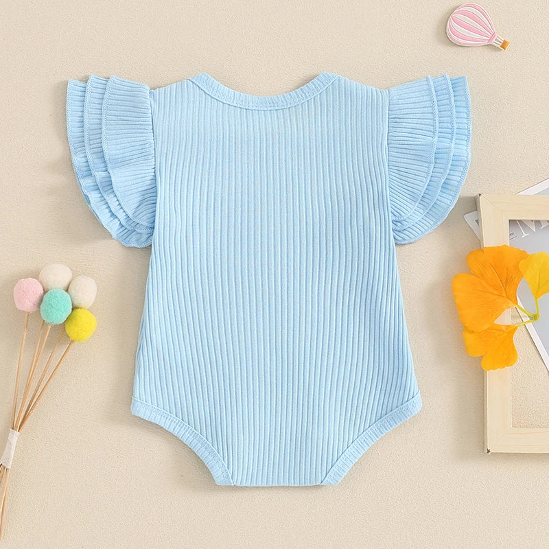 Baby Girl Summer Clothes Ribbed Plain Ruffle Sleeve Short Sleeve Bodysuit Rib Knit Romper