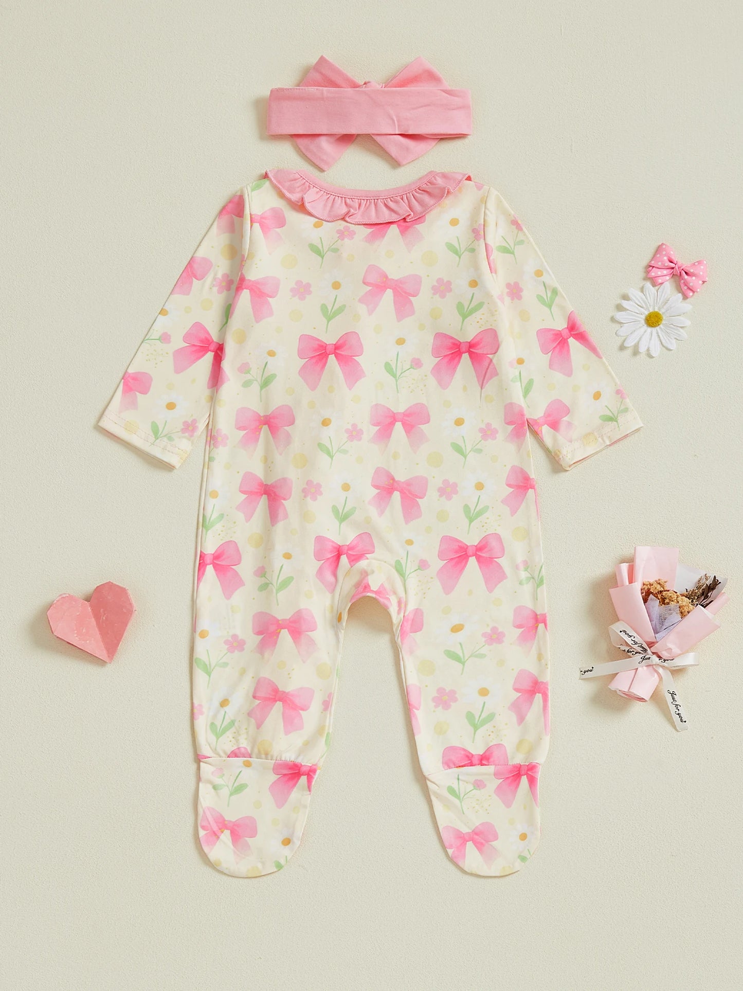 Baby Girl 2Pcs Pink Romper Set with Matching Headband Long Sleeves Floral Bow Print and Ruffled Details - Zip Up Jumpsuit Zipper Romper