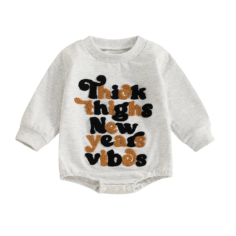 Baby Girls Boys New Year's Eve Romper Long Sleeve Crew Neck Embroidery Letters Thick Thighs New Years Vibes Bodysuit