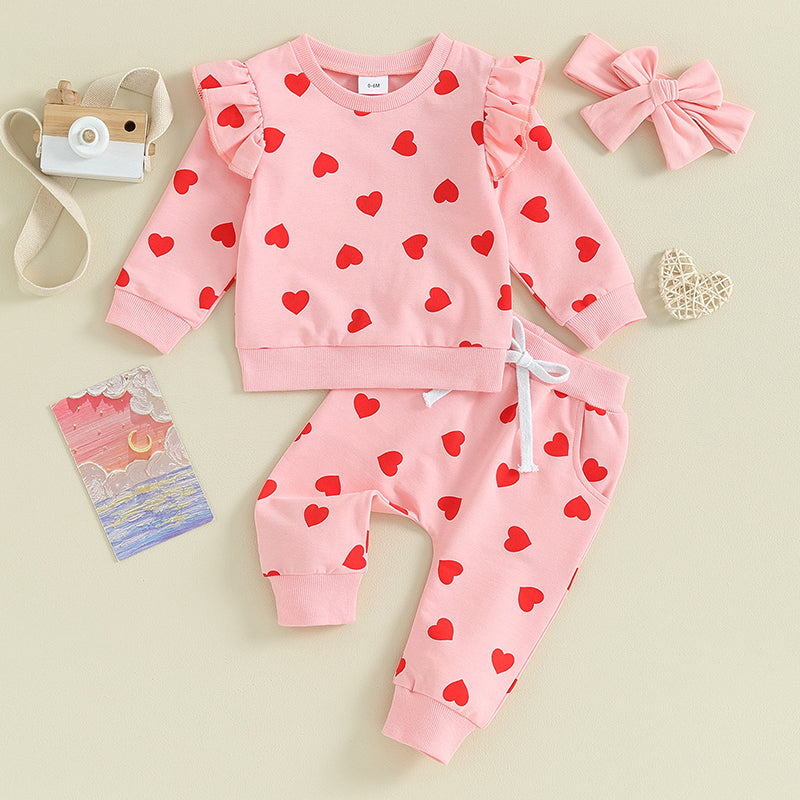 Baby Toddler Girls 3Pcs Valentine's Day Set Long Sleeve Heart Print Top Jogger Pants Headband Set