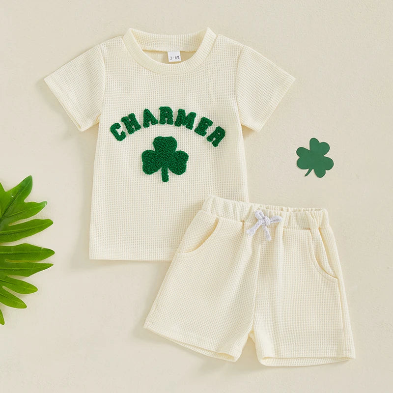 Baby Toddler Boys Girls 2Pcs St. Patrick's Day Clover Charmer Waffle Short Sleeve Shirt Top Spring and Shorts Set Clothes