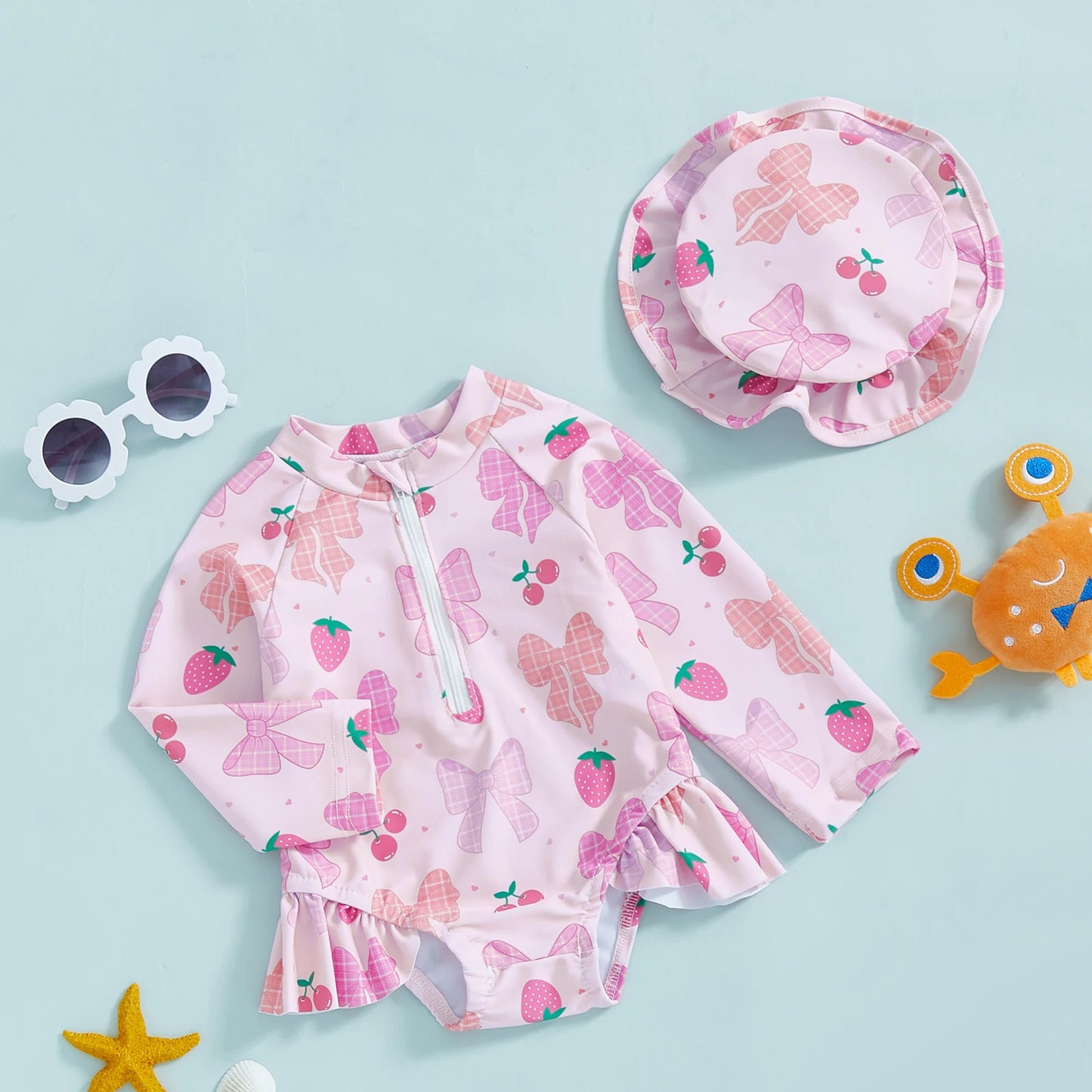 Baby Toddler Girls 2Pcs Rash Guard Swimsuit with Hat Bow Floral Print Zip Up Long Sleeve Crew Neck Swimwear Bathing Suit Set