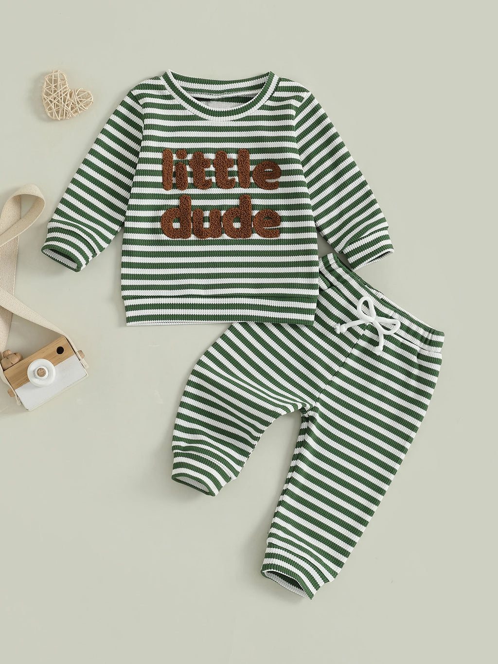 Baby Toddler Boys 2Pcs Mama's Boy / Little Dude Waffle Outfit Letter Embroidery Striped Long Sleeve Top and Elastic Pants Set