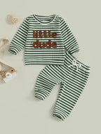 Baby Toddler Boys 2Pcs Mama's Boy / Little Dude Waffle Outfit Letter Embroidery Striped Long Sleeve Top and Elastic Pants Set