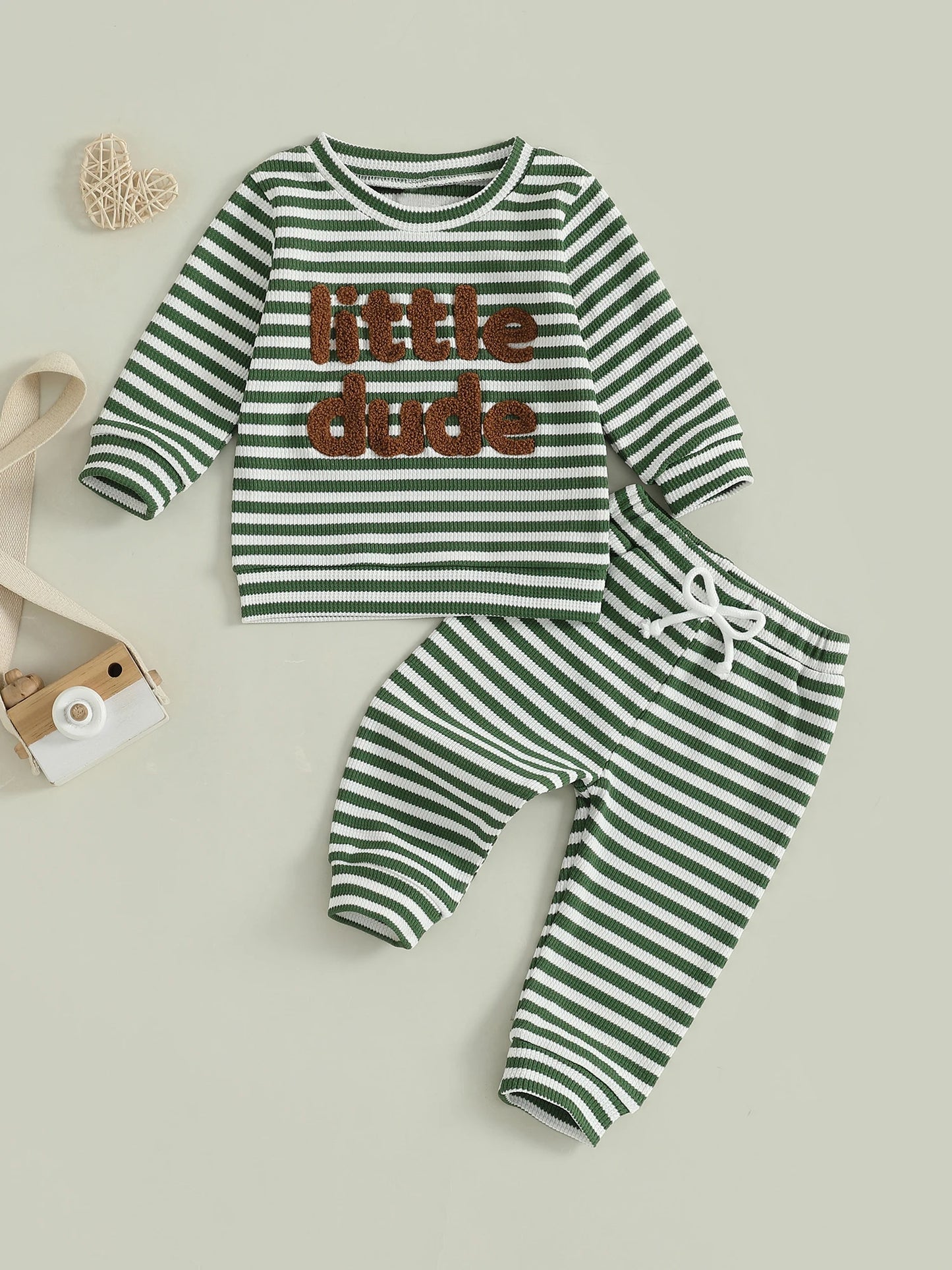 Baby Toddler Boys 2Pcs Mama's Boy / Little Dude Waffle Outfit Letter Embroidery Striped Long Sleeve Top and Elastic Pants Set