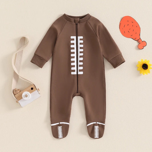 Baby Boys Girls Jumpsuit Long Sleeve Round Neck Romper Football Footie Bodysuit