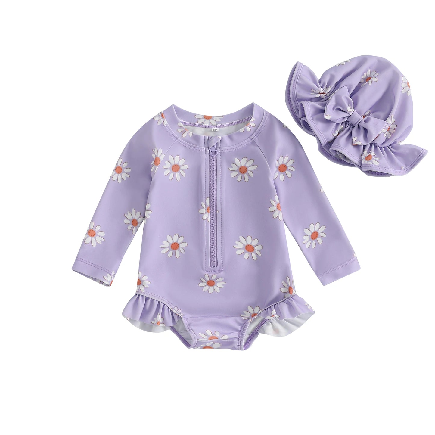 Baby Toddler Girls 2Pcs Swimsuit Daisy Flower Print Long Sleeve Round Neck Swimwear Front Zipper Bathing Suit and Hat Set