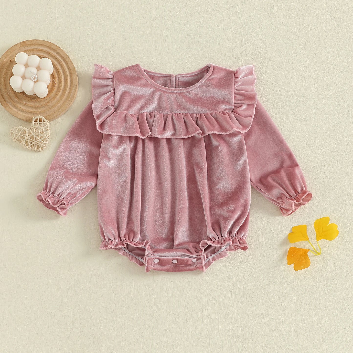 Baby Girls Velvet Romper Solid Color Ruffled Round Neck Long Sleeve Bubble Jumpsuit