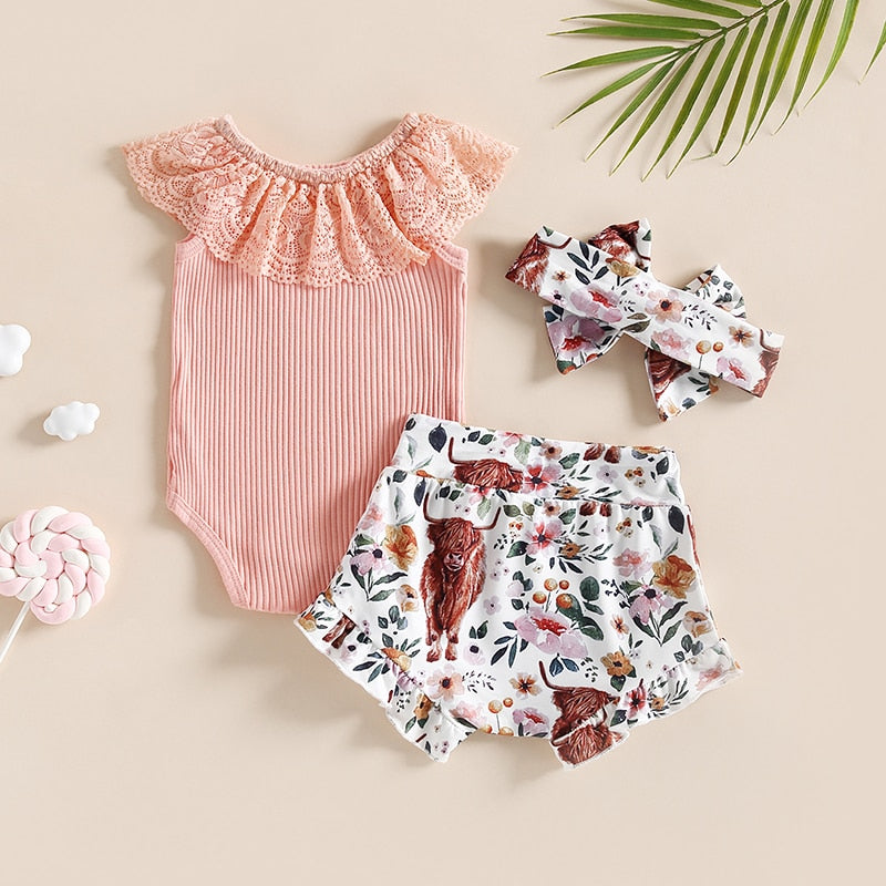 Infant Baby Girls 3Pcs Summer Set Tank Top Lace Romper with Cow or Rainbow Print Shorts and Bow