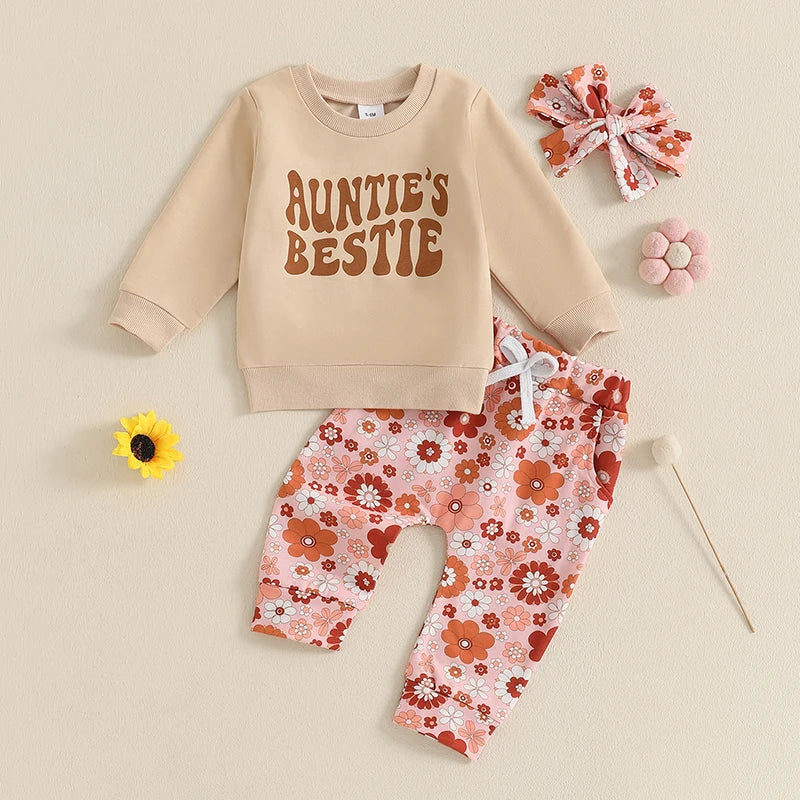 Baby Toddler Girls 3Pcs Outfit Auntie's Bestie Letter Print Long Sleeve Crewneck Top and Floral Flowers Print Jogger Pants Headband Clothes Set