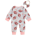 Baby Girl 2Pcs Fall Outfit Long Sleeve Football Flower Print Jumpsuit Zipper Romper with Headband Bow Set