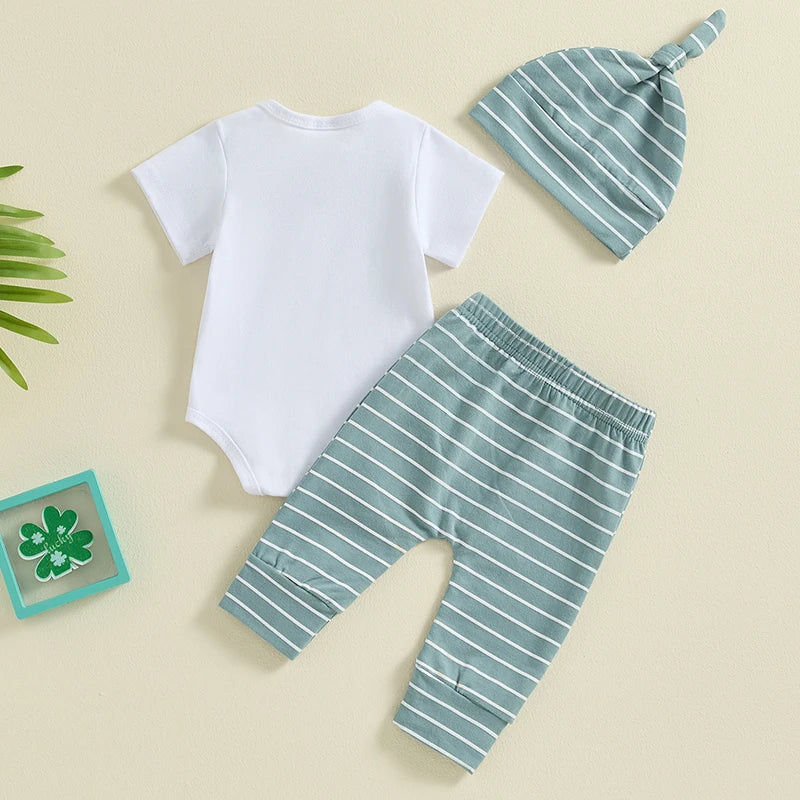 Baby Boy Girl 3Pcs Hello I'm New Here Summer Outfit Letter Print Short Sleeve Romper and Elastic Striped Long Pants and Beanie Hat Set