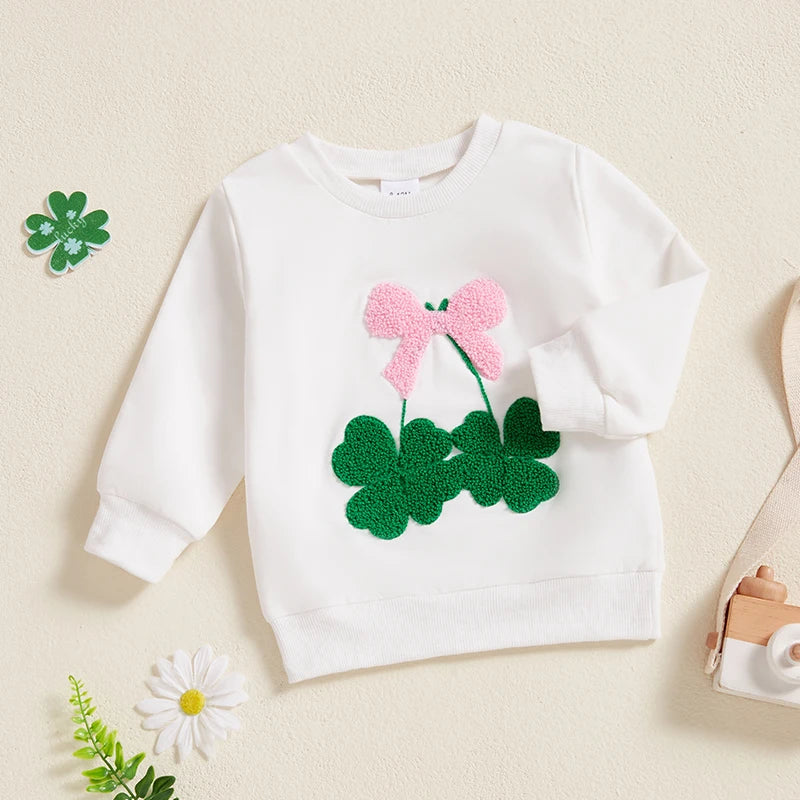 Baby Toddler Girls St. Patrick's Day Irish Bow Four Leaf Clover Embroidery Long Sleeve Pullover Top Casual Spring Clothes