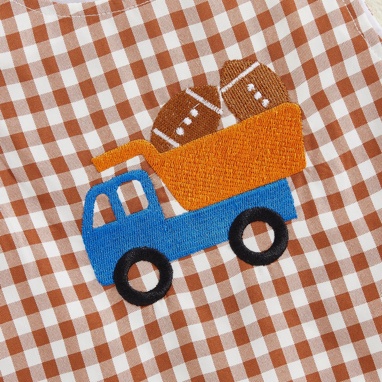 Baby Boy 2Pcs Fall Outfit Crew Neck Long Sleeve Romper and Truck Football Embroidery Plaid Overall Pants Set