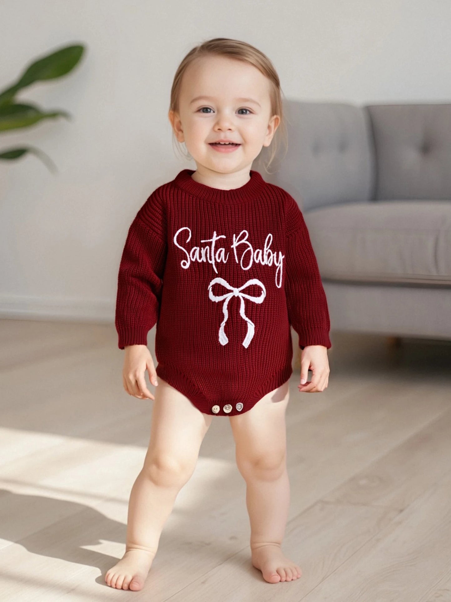 Baby Girl Santa Baby Christmas Romper Loose Fit Letter Bow Embroidery Ribbed Knit Long Sleeve Infant Winter Sweater