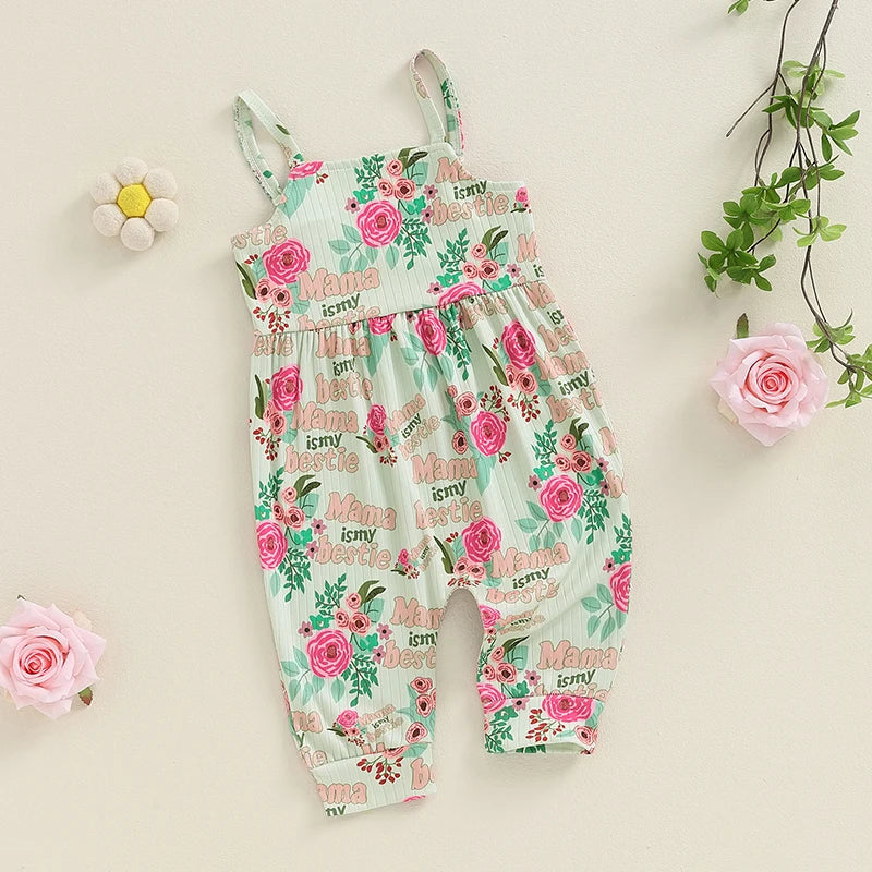 Baby Toddler Girls Mama's Mini / Mama Is My Bestie Summer Romper Overalls Casual Letters Floral Flowers Print Sleeveless Tank Jumpsuit