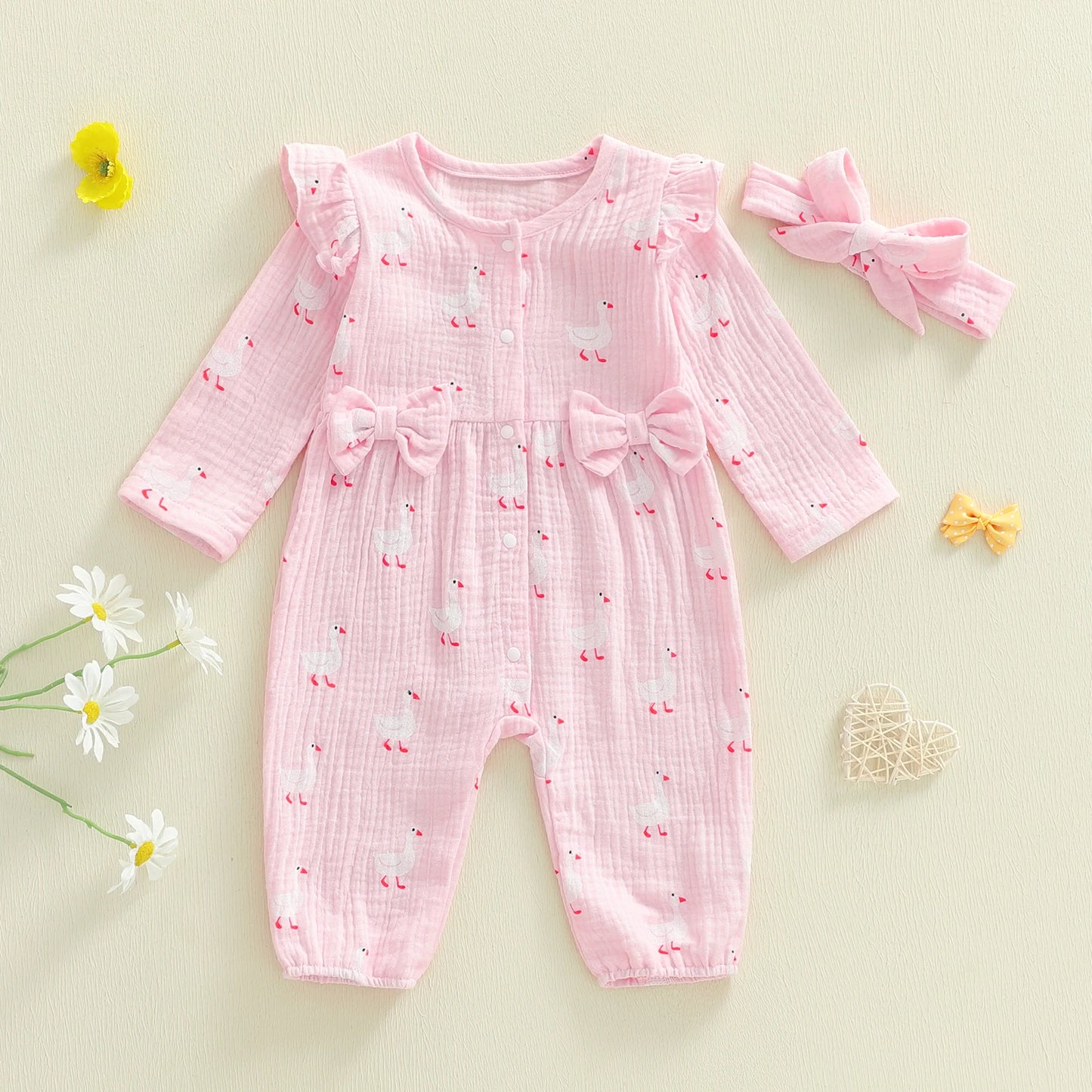 Baby Girl 2Pcs Outfit Duck Bow Ruffle Long Sleeve Romper and Headband 2 Piece Set