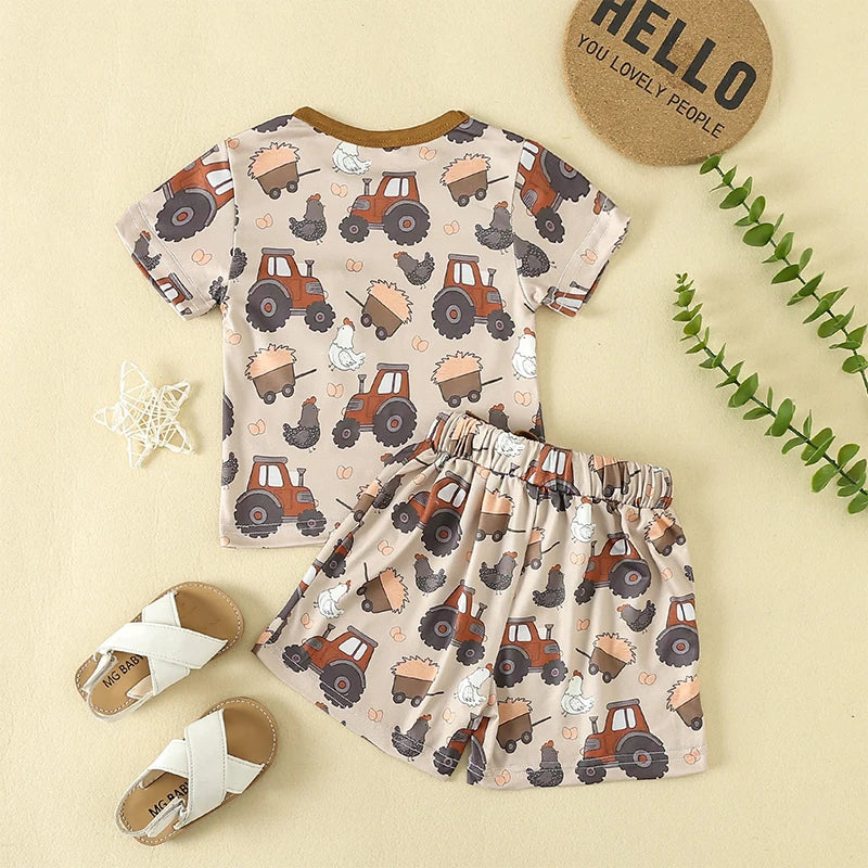 Baby Toddler Boy Girl 2Pcs Spring Summer Clothes Cute Farm Animals Chicken Chick Tractor Print Outfit Set Short Sleeve Cartoon Top and Shorts