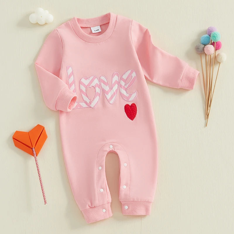 Baby Girls Love Valentine's Day Romper Letter Heart Embroidery Long Sleeve Crewneck Valentines Jumpsuit