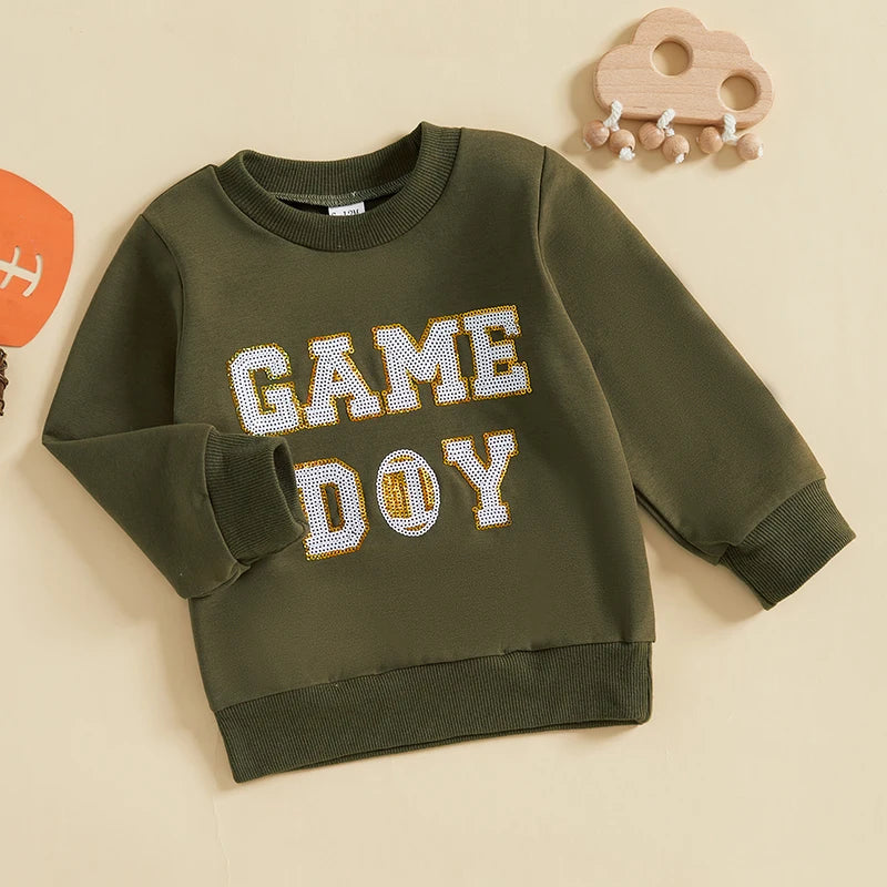 Baby Toddler Boys Girls Fall GAME DAY Football Sequin Letter Embroidery Long Sleeve Crew Neck Pullover Top