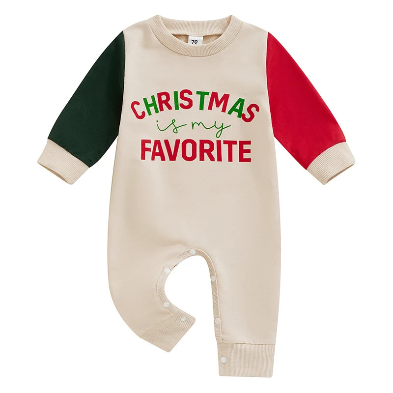 Baby Girls Boys Christmas Is My Favorite Jumpsuit Long Sleeve Crew Neck Letters Print Contrast Color Christmas Romper