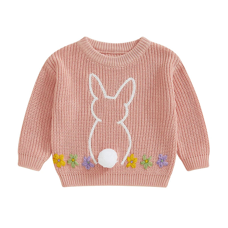 Baby Toddler Girls Sweater Easter Clothes Bunny Rabbit Flower Embroidery Crew Neck Long Sleeve Spring Pullover Top