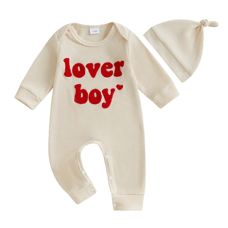 Baby Boy 2Pcs Lover Boy Romper Letter Heart Embroidery Valentines Long Sleeve Full Length Jumpsuit with Hat Valentine's Day Outfit Set