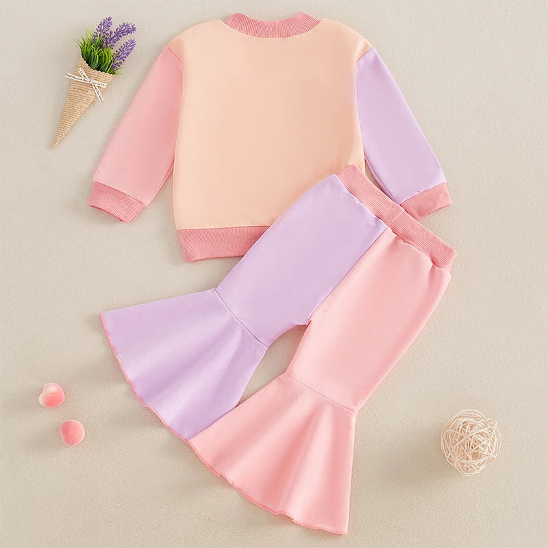 Baby Toddler Girls 2Pcs Fall Set Long Sleeve Crewneck Contrast Color Top Flared Pants Set Outfit