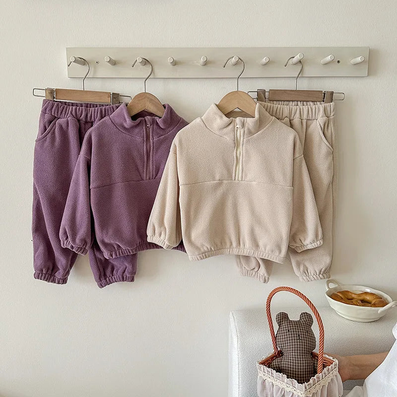 Toddler Kid Boy Girl 2Pcs Clothes Set Fleece Pullover Top Pant Suit Casual Warm Thick Winter Two Piece Jogger Set