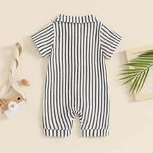 Load image into Gallery viewer, Baby Boy Striped Romper Short Sleeve Front Pocket Single-breasted Button Collar Legs Jumpsuit
