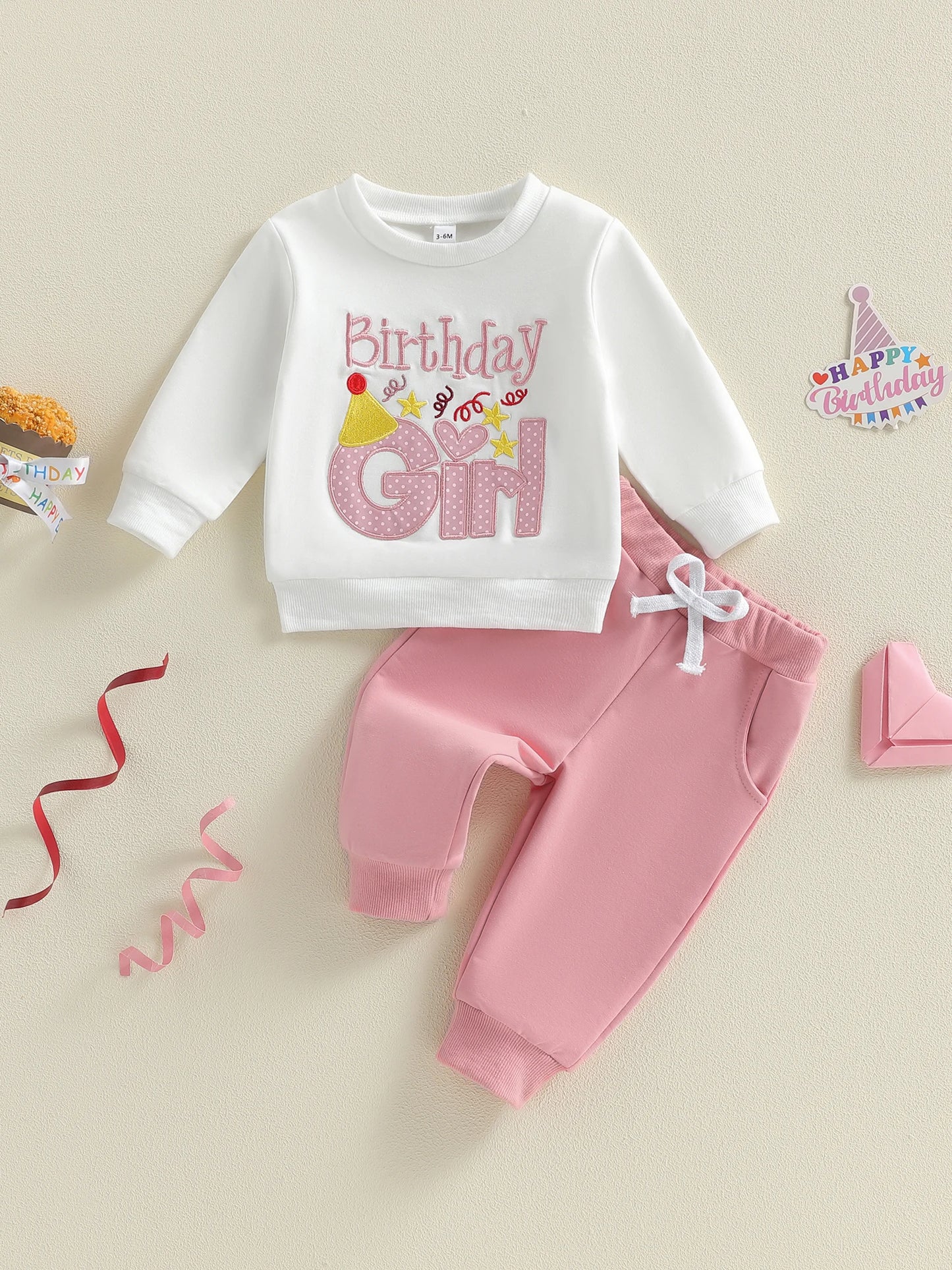 Baby Toddler Kids Girl 2Pcs Birthday Girl Outfit Letter Embroidery Long Sleeve Round Neck Pullover Top Elastic Waist Solid Pants Jogger Set