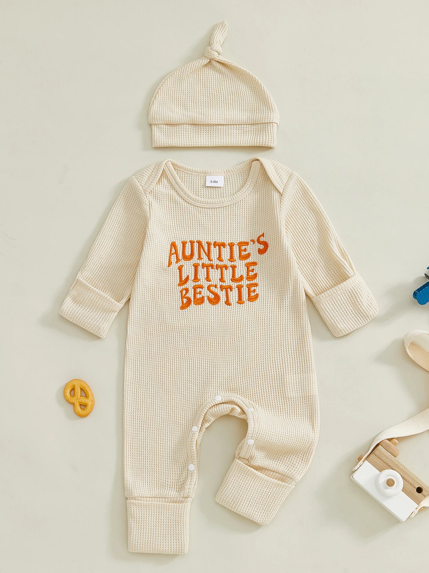 Baby Boys Girls 2Pcs Auntie's Little Bestie Fall Outfits Long Sleeve Letter Embroidery Jumpsuit with Hat Set Clothes